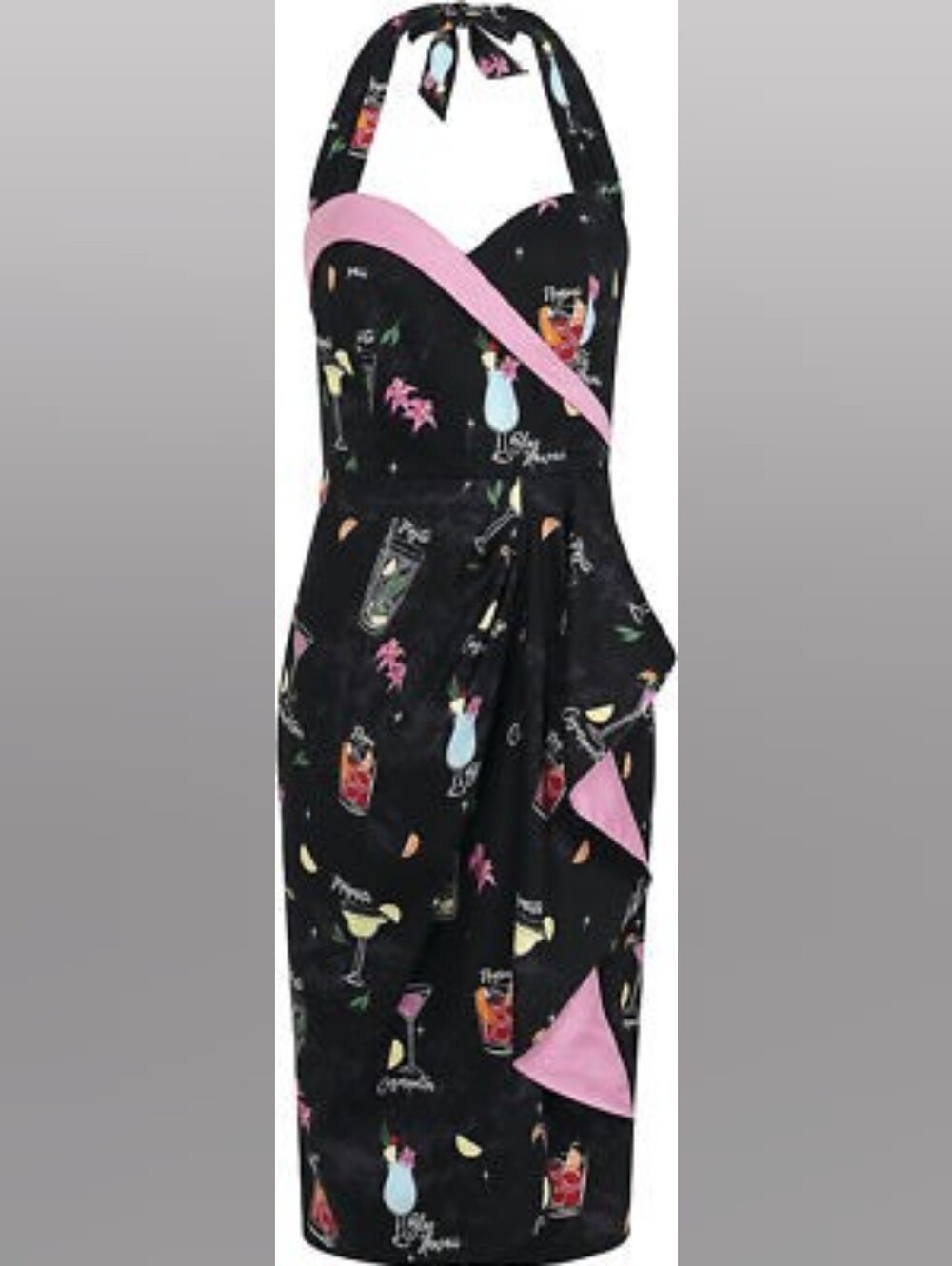 Collectif Black Cocktail Print Lorna Pencil Dress with Pink Trim
